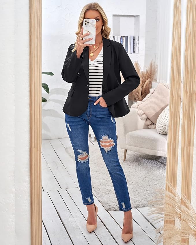 Womens Notched Lapel Pockets Button Work Office Blazer Jacket Suit