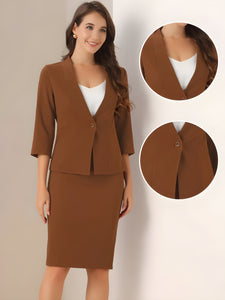 2 Pieces Collarless 3/4 Sleeves Blazer and Pencil Skirt Office Work Business Suit Set