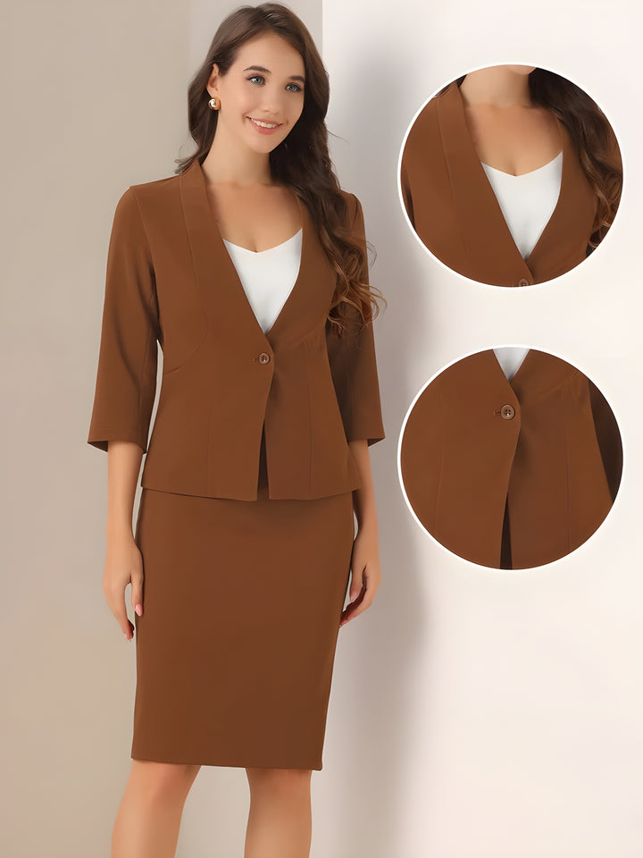 2 Pieces Collarless 3/4 Sleeves Blazer and Pencil Skirt Office Work Business Suit Set