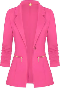Women's Long Sleeve Blazer Open Front Cardigan Jacket Work Office Blazer with Zipper Pockets S-3XL
