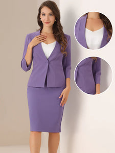 2 Pieces Collarless 3/4 Sleeves Blazer and Pencil Skirt Office Work Business Suit Set