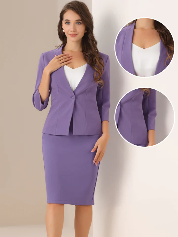 2 Pieces Collarless 3/4 Sleeves Blazer and Pencil Skirt Office Work Business Suit Set