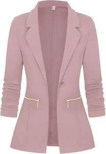 Women's Long Sleeve Blazer Open Front Cardigan Jacket Work Office Blazer with Zipper Pockets S-3XL