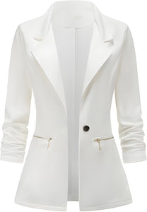 Women's Long Sleeve Blazer Open Front Cardigan Jacket Work Office Blazer with Zipper Pockets S-3XL