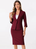 2 Pieces Collarless 3/4 Sleeves Blazer and Pencil Skirt Office Work Business Suit Set