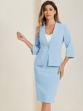 2 Pieces Collarless 3/4 Sleeves Blazer and Pencil Skirt Office Work Business Suit Set