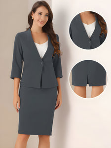 2 Pieces Collarless 3/4 Sleeves Blazer and Pencil Skirt Office Work Business Suit Set