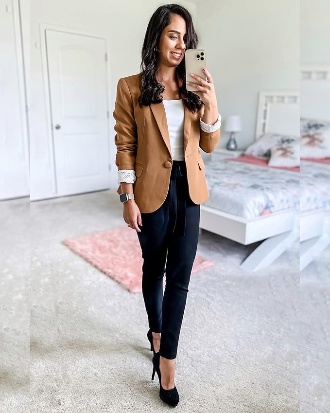Womens Notched Lapel Pockets Button Work Office Blazer Jacket Suit