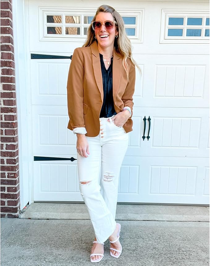 Womens Notched Lapel Pockets Button Work Office Blazer Jacket Suit