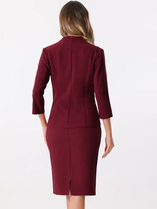 2 Pieces Collarless 3/4 Sleeves Blazer and Pencil Skirt Office Work Business Suit Set