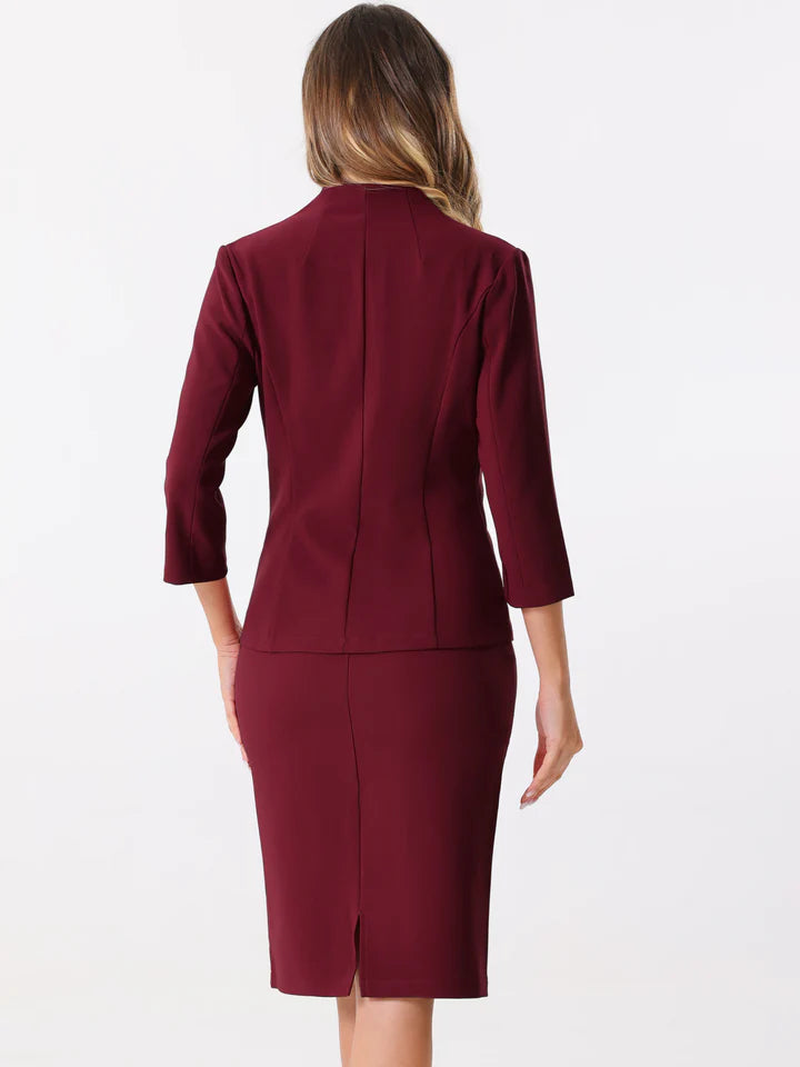 2 Pieces Collarless 3/4 Sleeves Blazer and Pencil Skirt Office Work Business Suit Set