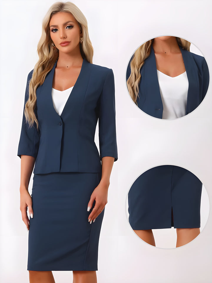 2 Pieces Collarless 3/4 Sleeves Blazer and Pencil Skirt Office Work Business Suit Set