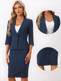 2 Pieces Collarless 3/4 Sleeves Blazer and Pencil Skirt Office Work Business Suit Set