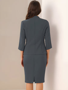 2 Pieces Collarless 3/4 Sleeves Blazer and Pencil Skirt Office Work Business Suit Set