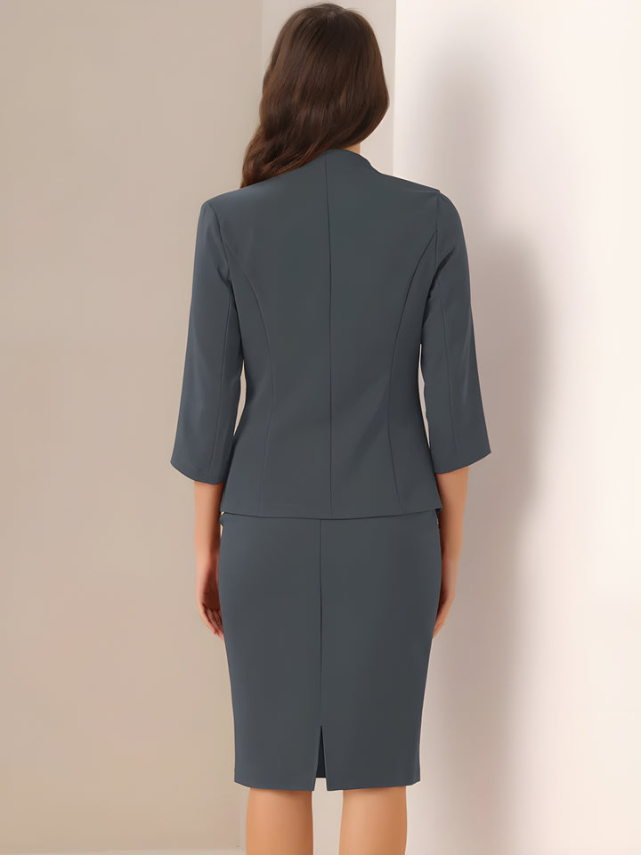 2 Pieces Collarless 3/4 Sleeves Blazer and Pencil Skirt Office Work Business Suit Set