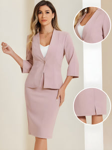 2 Pieces Collarless 3/4 Sleeves Blazer and Pencil Skirt Office Work Business Suit Set