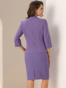 2 Pieces Collarless 3/4 Sleeves Blazer and Pencil Skirt Office Work Business Suit Set