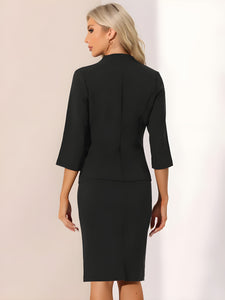 2 Pieces Collarless 3/4 Sleeves Blazer and Pencil Skirt Office Work Business Suit Set