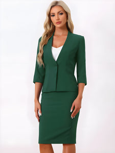 2 Pieces Collarless 3/4 Sleeves Blazer and Pencil Skirt Office Work Business Suit Set