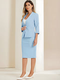 2 Pieces Collarless 3/4 Sleeves Blazer and Pencil Skirt Office Work Business Suit Set