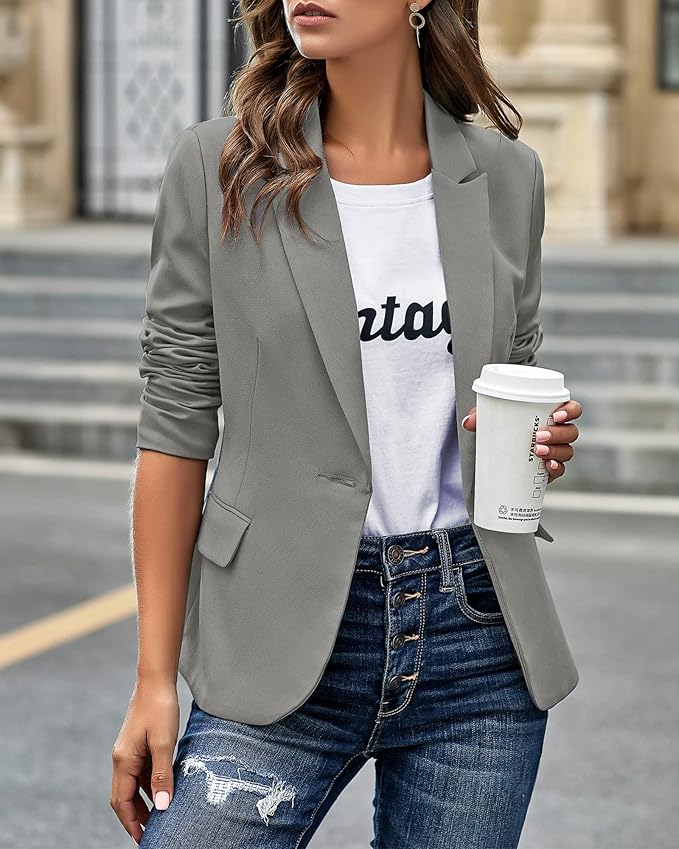 Womens Notched Lapel Pockets Button Work Office Blazer Jacket Suit