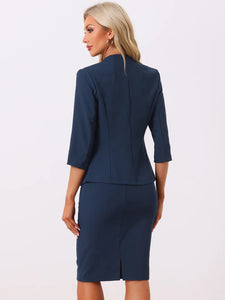 2 Pieces Collarless 3/4 Sleeves Blazer and Pencil Skirt Office Work Business Suit Set
