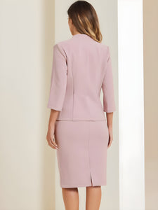 2 Pieces Collarless 3/4 Sleeves Blazer and Pencil Skirt Office Work Business Suit Set