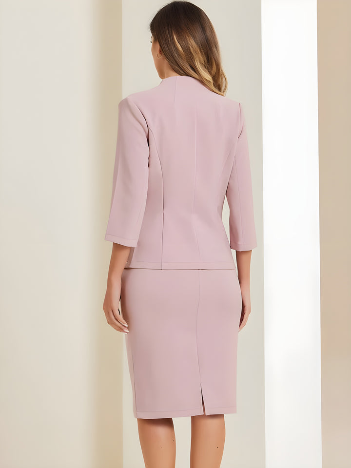 2 Pieces Collarless 3/4 Sleeves Blazer and Pencil Skirt Office Work Business Suit Set