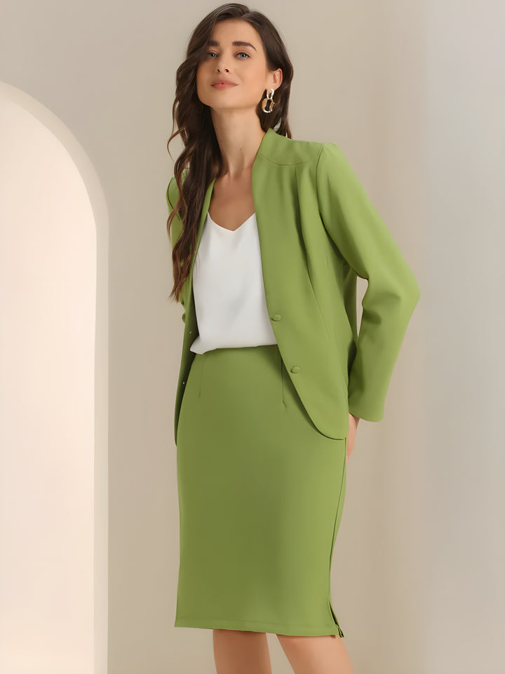 2pc Business Collarless Blazer and Formal Pencil Skirt Suit Sets