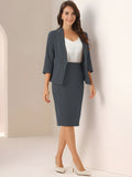 2 Pieces Collarless 3/4 Sleeves Blazer and Pencil Skirt Office Work Business Suit Set