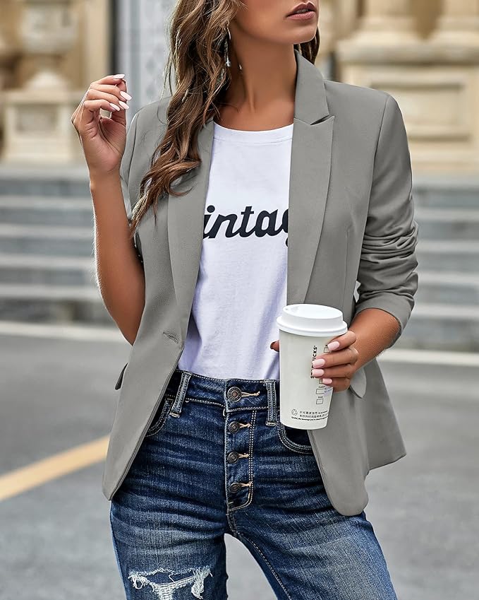 Womens Notched Lapel Pockets Button Work Office Blazer Jacket Suit