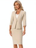 2 Pieces Collarless 3/4 Sleeves Blazer and Pencil Skirt Office Work Business Suit Set