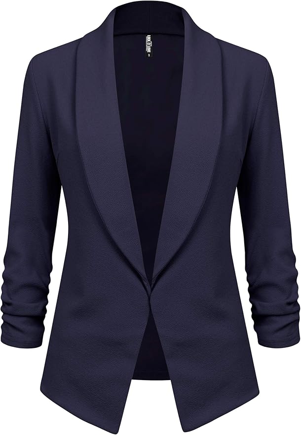Women 3/4 Sleeve Blazer Open Front Cardigan Jacket Work Office Blazer Navy