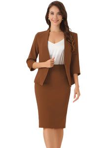 2 Pieces Collarless 3/4 Sleeves Blazer and Pencil Skirt Office Work Business Suit Set