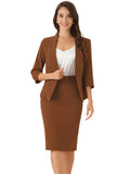 2 Pieces Collarless 3/4 Sleeves Blazer and Pencil Skirt Office Work Business Suit Set