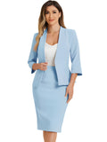 2 Pieces Collarless 3/4 Sleeves Blazer and Pencil Skirt Office Work Business Suit Set