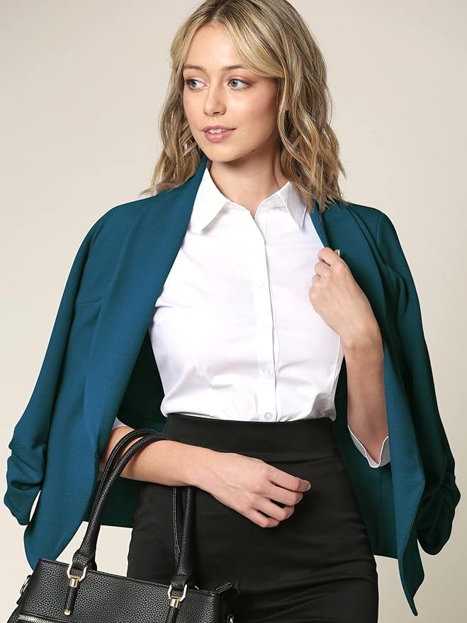 Women 3/4 Sleeve Blazer Open Front Cardigan Jacket Work Office Blazer Teal